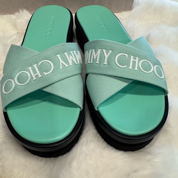 Jimmy Choo Green Canvas Logo Wedge Sandals - Picture 7 of 10